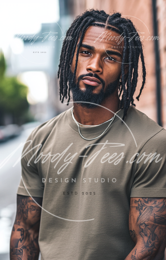 Black Male Model Mockup with Dreads and Goatee - Military Green T-Shirt Digital Download