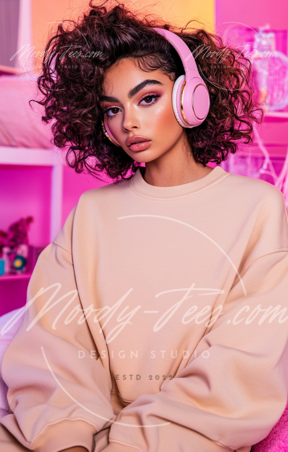 Headphone Girlies Mockup 6-Piece Bundle – Tan T-Shirt/Sweatshirt Digital Download