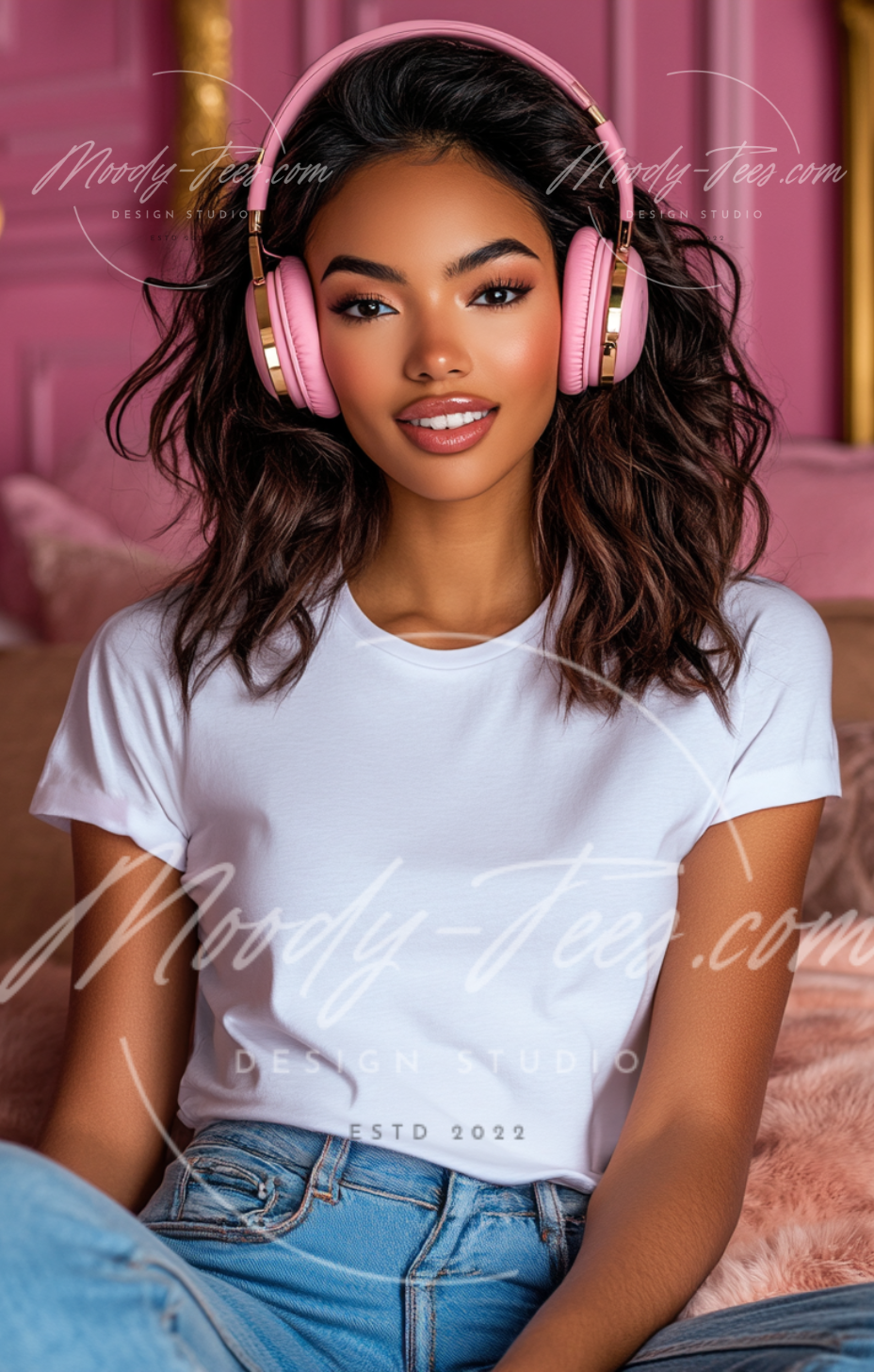 Headphone Girlies Mockup 4-Piece Bundle – White T-Shirt Digital Download