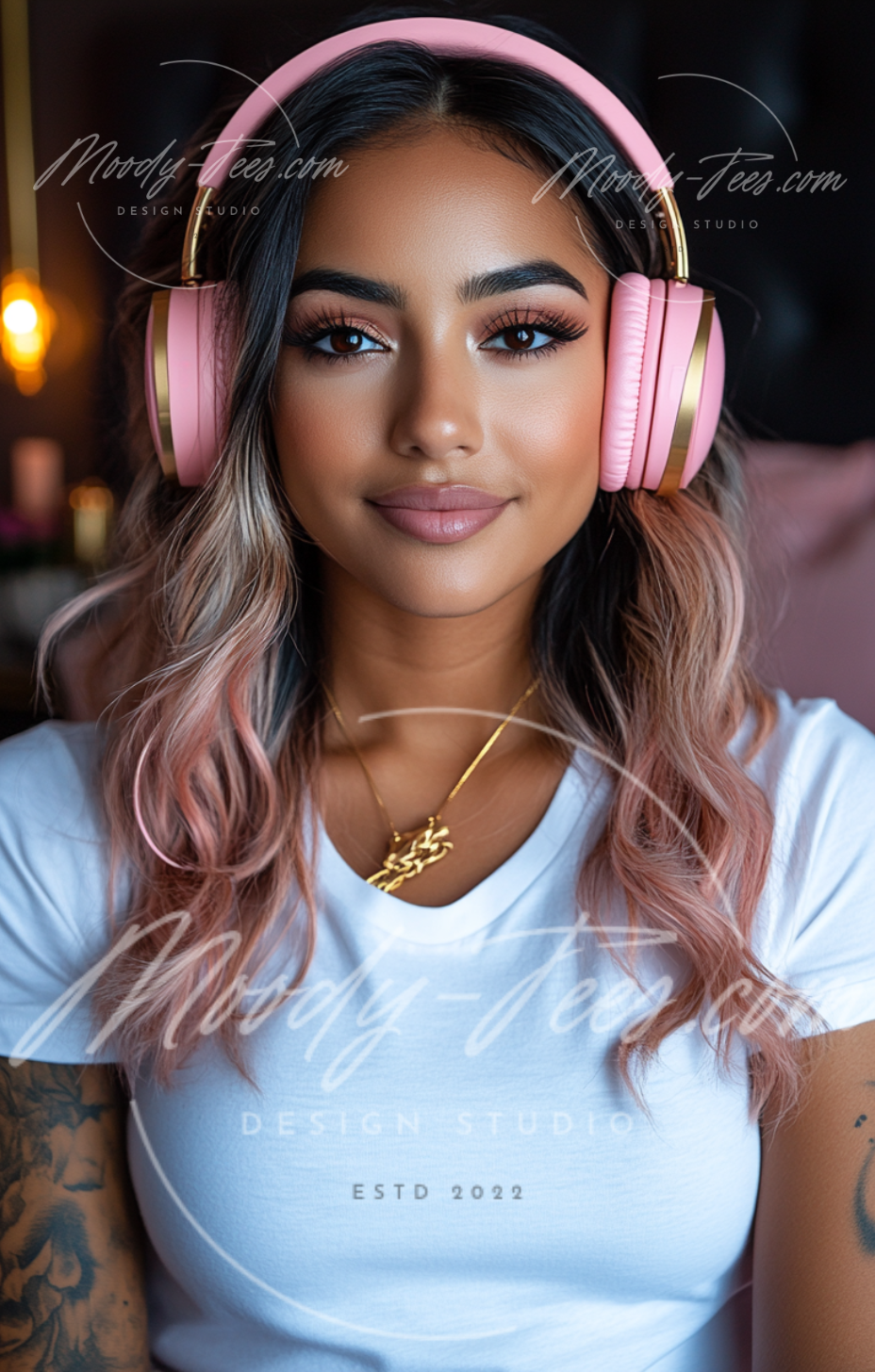 Headphone Girlies Mockup 4-Piece Bundle – White T-Shirt Digital Download