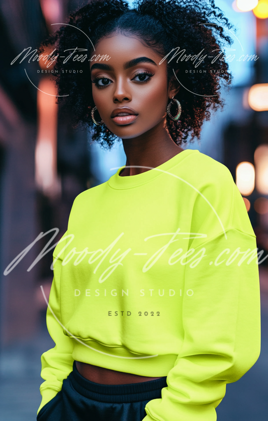 Black Female Model Mockup with Natural Hair - Neon Green Sweatshirt Digital Download