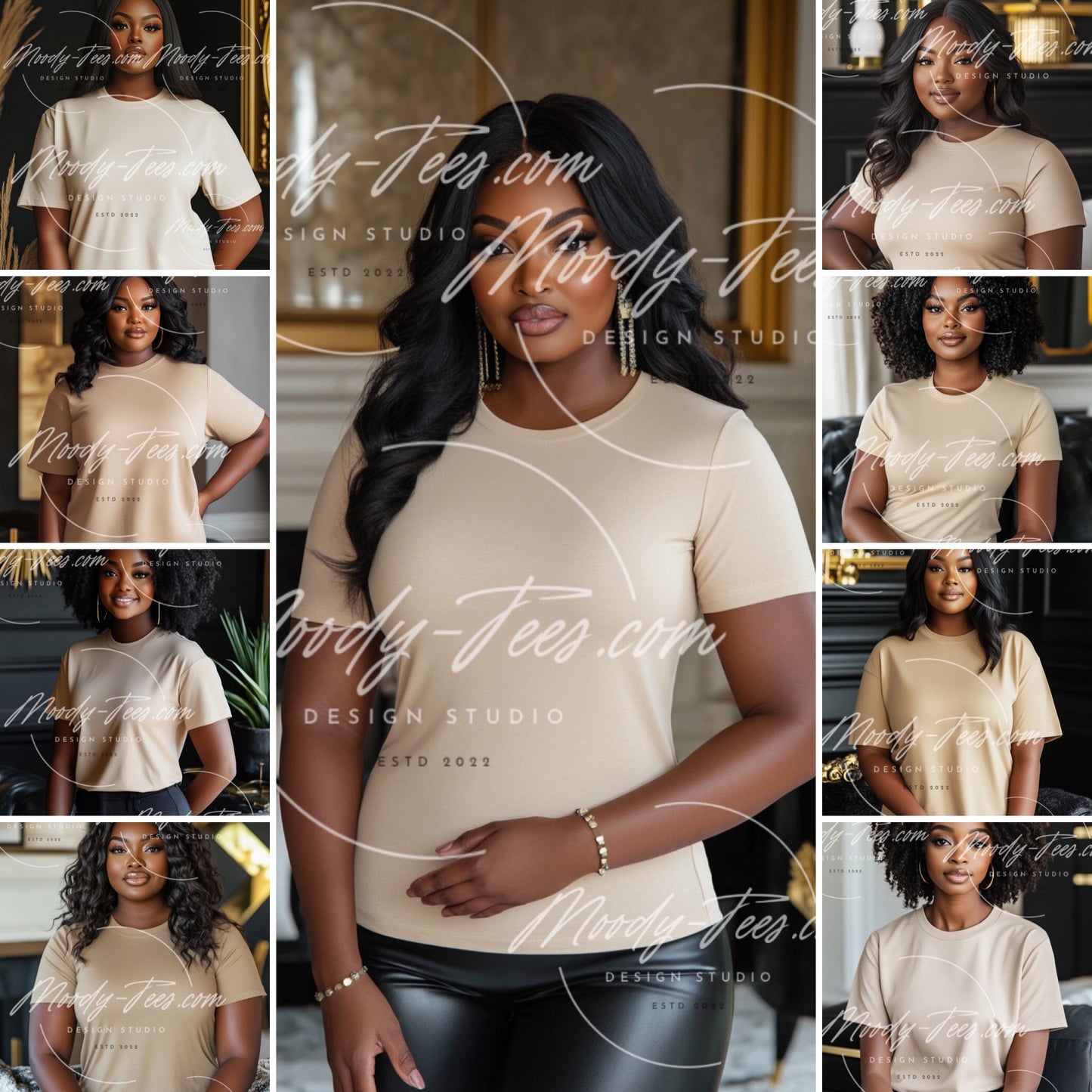 Realistic African American Female Model Mockup Bundle - Stylish Black Girl 10-Piece Set with Tan T-Shirt Mockups