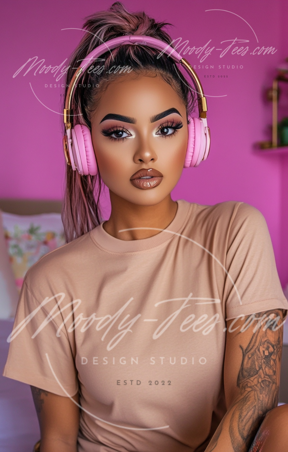 Headphone Girlies Mockup 6-Piece Bundle – Tan T-Shirt/Sweatshirt Digital Download