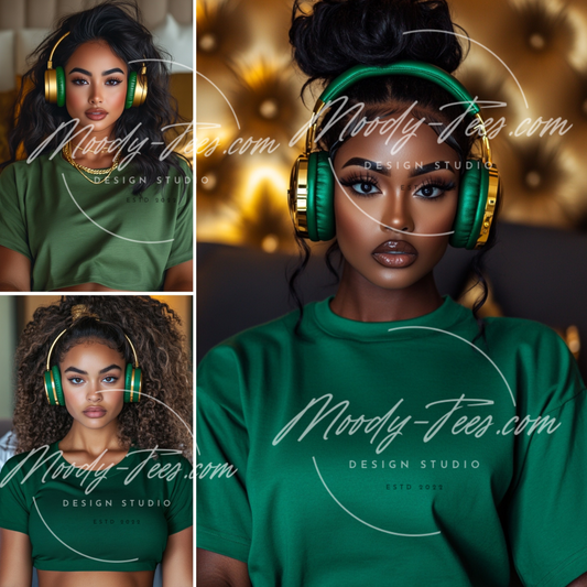 Headphone Girlies Mockup 3-Piece Bundle – Green T-Shirt Digital Download