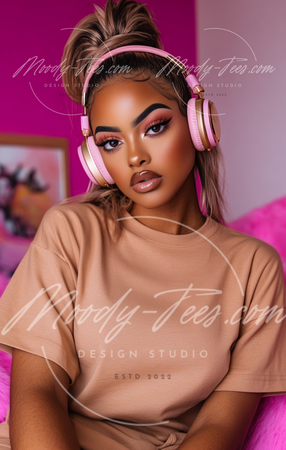 Headphone Girlies Mockup 6-Piece Bundle – Tan T-Shirt/Sweatshirt Digital Download