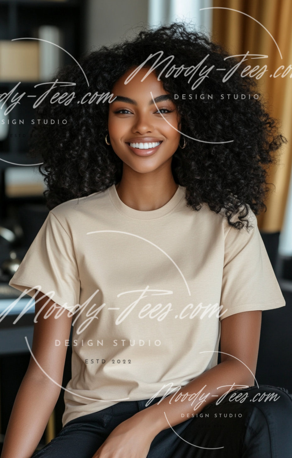 Realistic African American Female Model Mockup Bundle - Stylish Black Girl 10-Piece Set with Tan T-Shirt Mockups