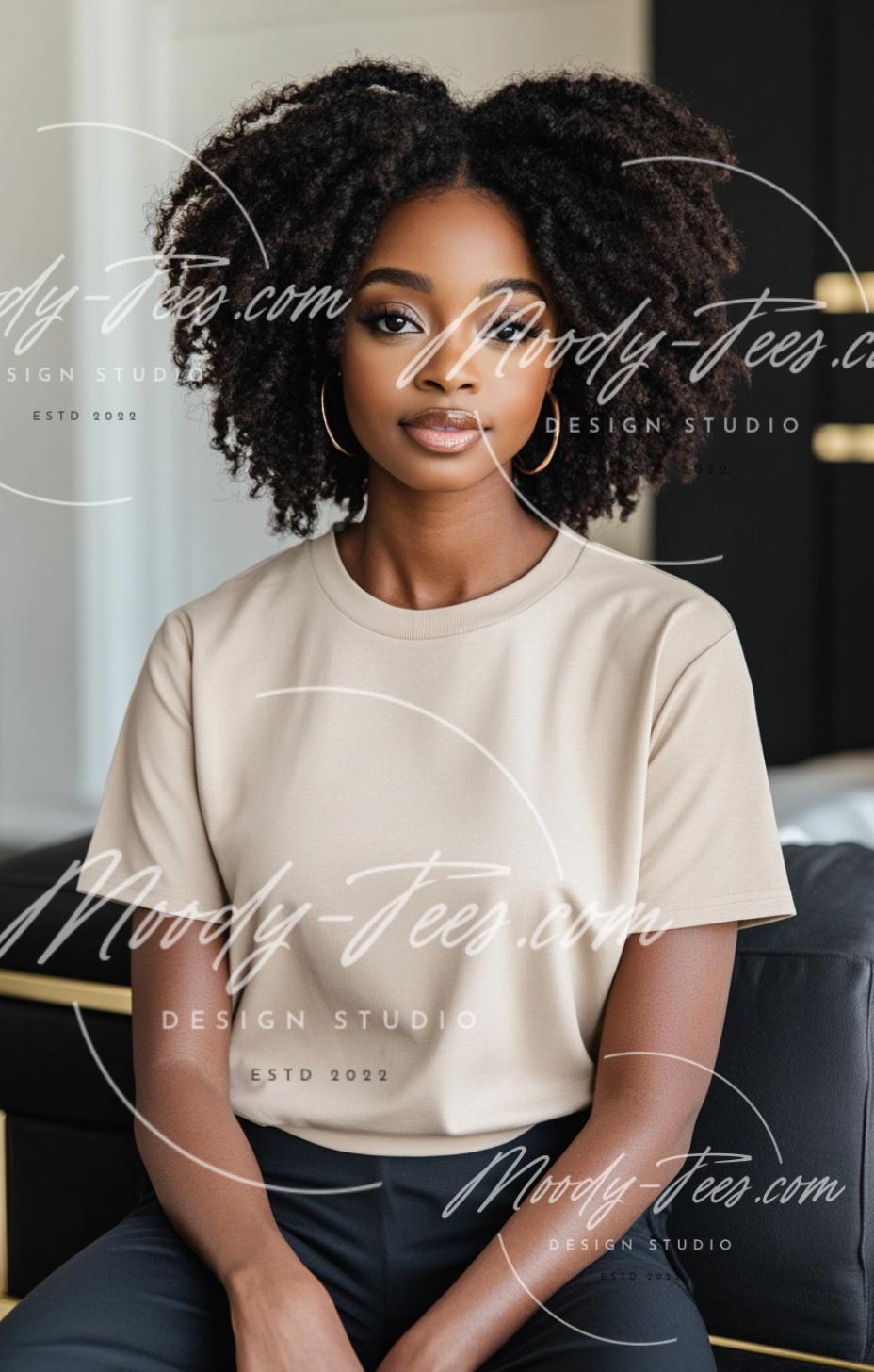 Realistic African American Female Model Mockup Bundle - Stylish Black Girl 10-Piece Set with Tan T-Shirt Mockups